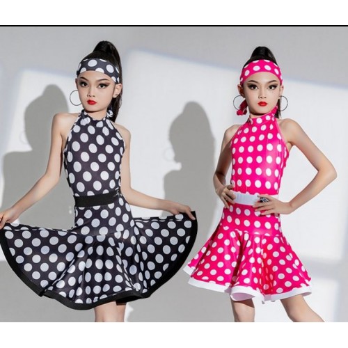 Girls kids fuchsia hot pink black white polka dot latin dance dresses ballroom salsa latin performance costumes modern dance outfits for children